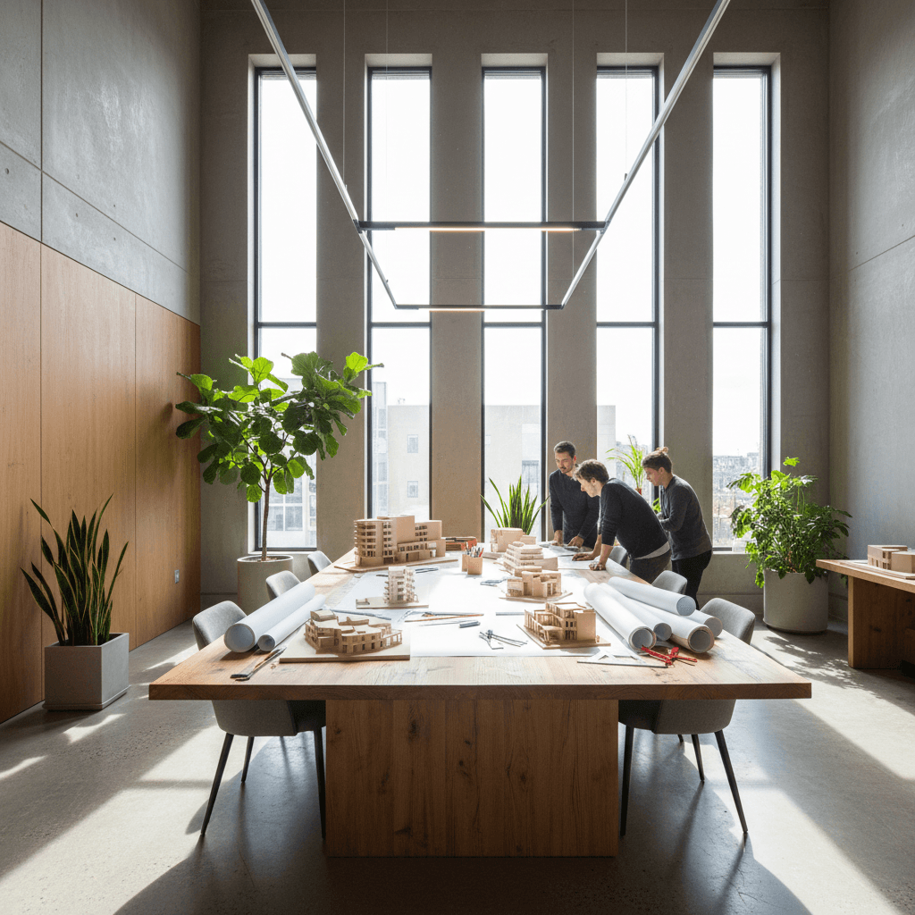 L'équipe Atelier Verne en réunion de projet — maquettes et plans d'architecture