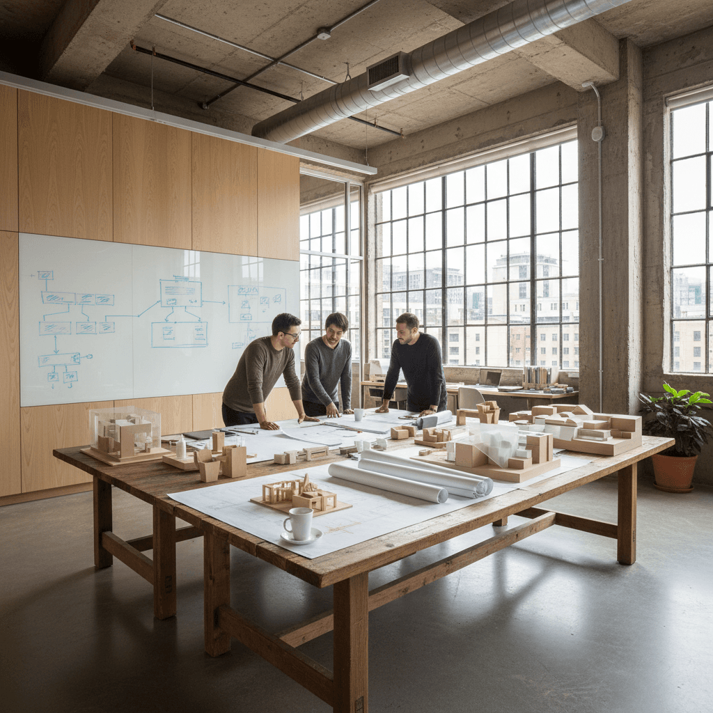 Intérieur d'un projet Atelier Verne — lumière naturelle et matériaux nobles